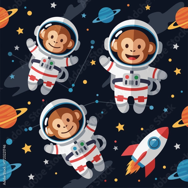 Fototapeta Cheerful astronaut monkeys and a rocket explore a starry colorful outer space filled with planets