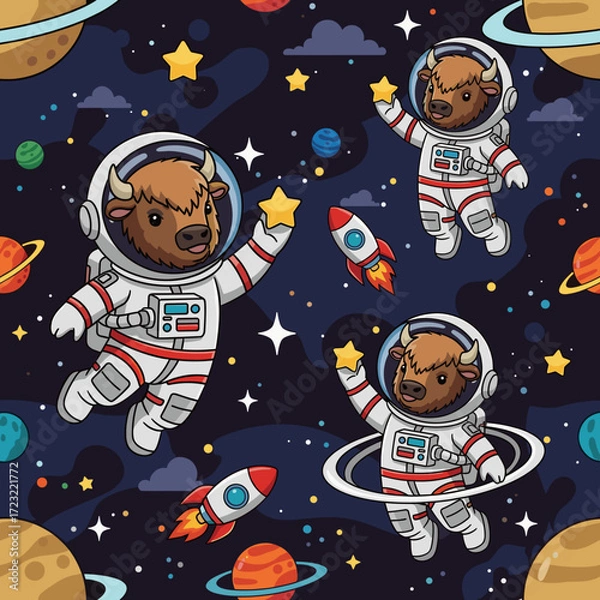 Fototapeta Cute bison astronauts explore space reaching for stars amidst planets and rockets Fun adventure