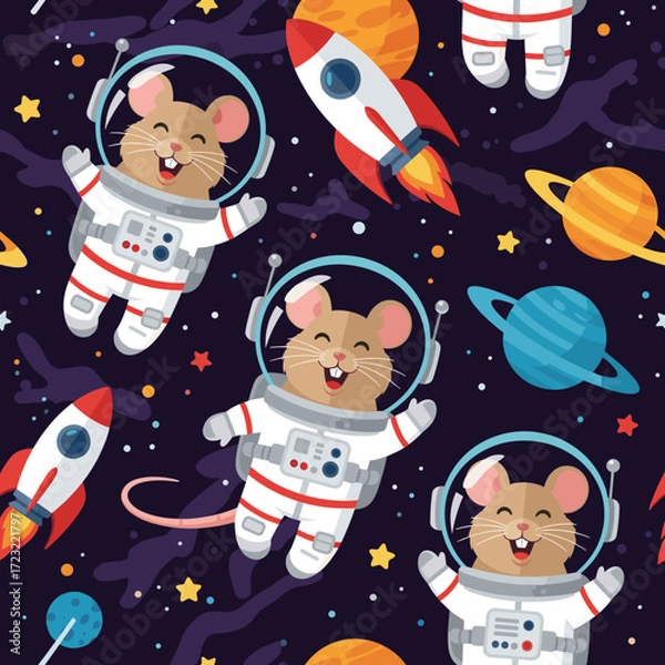 Fototapeta Happy astronaut mice explore the colorful cosmos with rockets and planets Fun adventurous space pattern