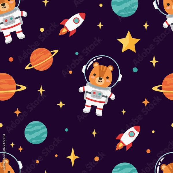 Fototapeta Cute bear astronauts rockets and planets in a fun space pattern Great for kids designs