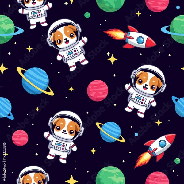 Fototapeta Playful dog astronauts rockets and colorful planets in a fun space exploration pattern