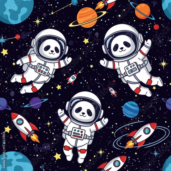 Fototapeta Adorable panda astronauts floating in space amidst planets stars and rockets