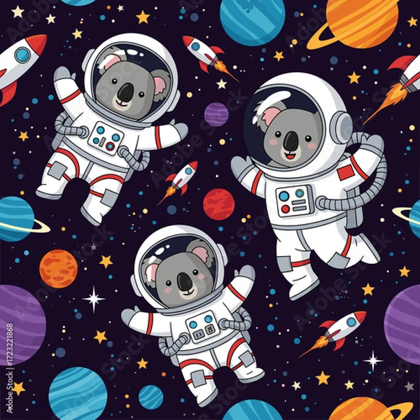 Fototapeta Adorable koala astronauts exploring a vibrant outer space with planets and rockets