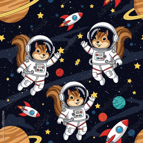 Fototapeta Happy squirrel astronauts explore outer space with rockets and planets Ideal for kids designs themes