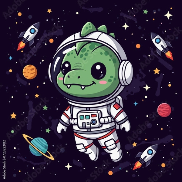 Fototapeta Cute dinosaur astronaut joyfully floats in starry space with rockets and colorful planets Childlike wonder