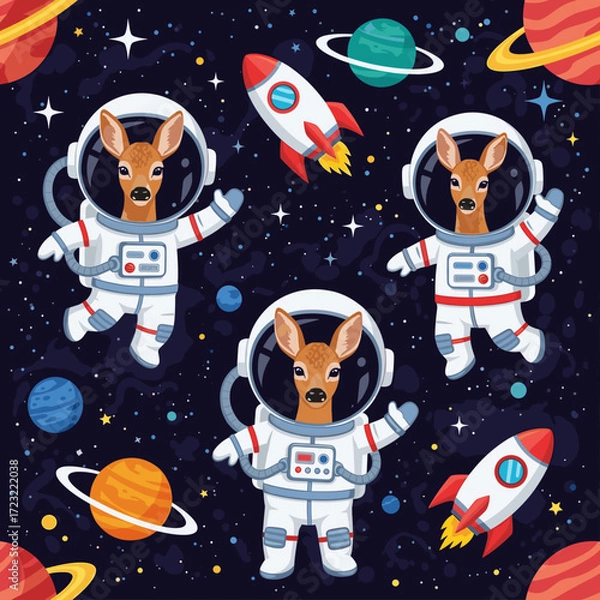 Fototapeta Adorable deer astronauts explore outer space surrounded by planets stars and rockets