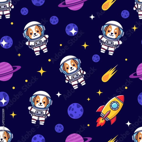 Fototapeta Cute astronaut dogs float in a playful space pattern with planets stars and a rocket Fun for kids