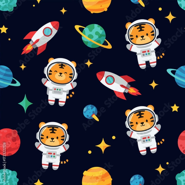 Fototapeta Playful seamless pattern with cute tiger astronauts rockets and planets exploring space
