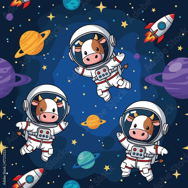 Fototapeta Playful astronaut cows float in starry outer space with planets and rockets Whimsical childrens adventure