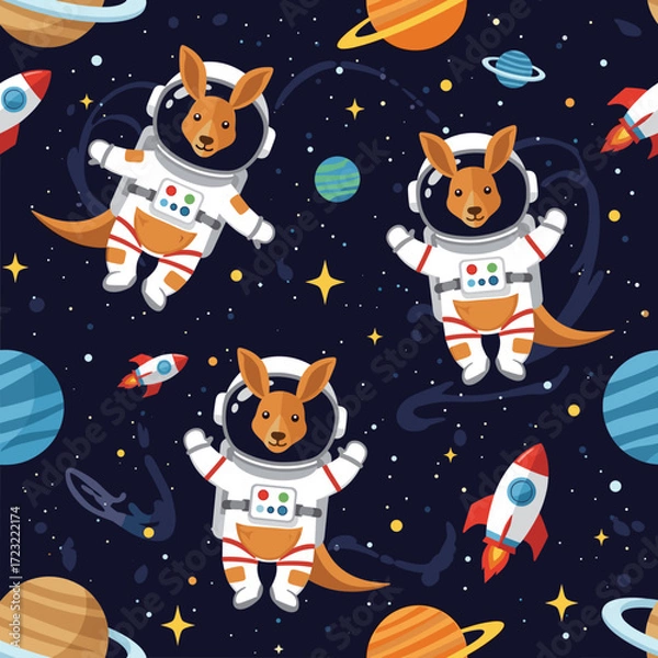 Fototapeta Cute kangaroos in astronaut suits float in starry space with planets and rockets
