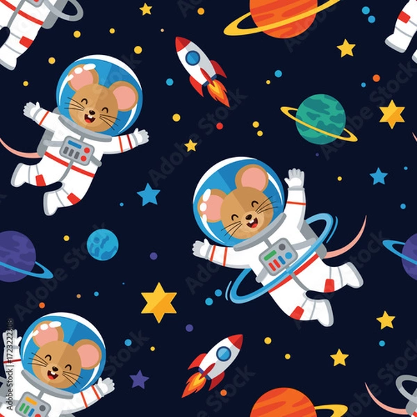 Fototapeta Cute cartoon mice astronauts happily float in space with planets rockets and stars Seamless