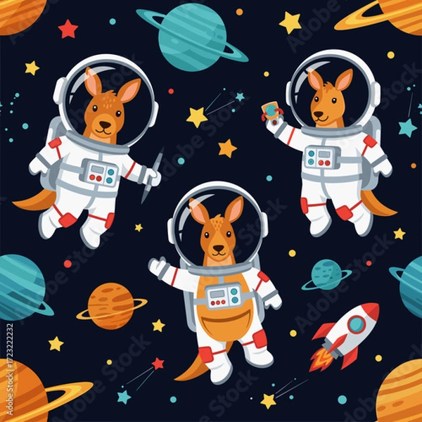 Fototapeta Three adorable cartoon kangaroos in astronaut suits float among planets and stars Space adventure