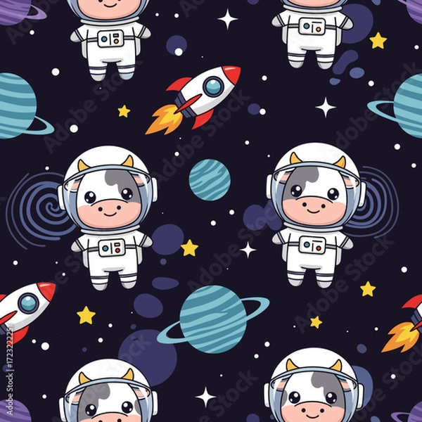 Fototapeta Cute cartoon astronaut cows in space pattern with planets and rockets for kids designs
