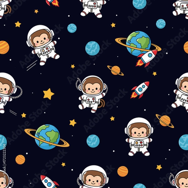 Fototapeta Cute cartoon astronaut monkeys and planets in space Fun imaginative seamless pattern for kids