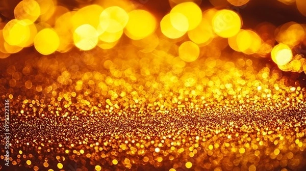 Fototapeta Golden glitter sparkle background with holiday light photographed on DSLR, 85mm lens, rich highlights and smooth bokeh under warm ambient illumination