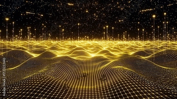 Fototapeta Abstract golden wave with shining particles photographed on DSLR, 24mm wide angle, sharp detail on glowing abstract flow