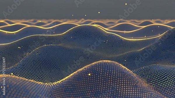 Fototapeta Abstract golden wave with shining particles photographed on DSLR, 24mm wide angle, sharp detail on glowing abstract flow