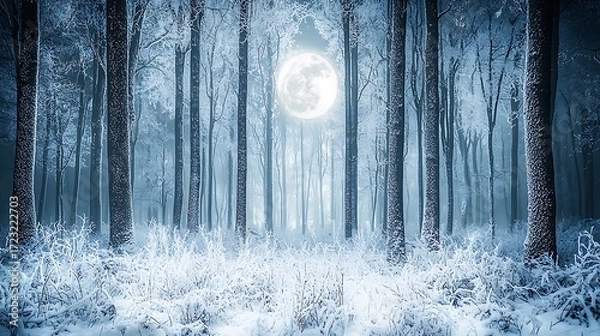 Fototapeta Winter forest illuminated by moonlight and snow captured on DSLR, 35mm lens, glowing moonlight reflecting across snowy branches