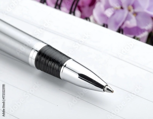 Fototapeta Pen resting on lined notebook paper with lilac flowers in background