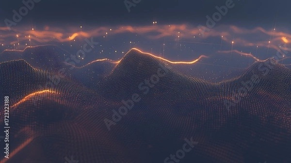 Fototapeta Golden glowing wave across dark frame photographed on DSLR, 50mm lens, shallow depth focusing on radiant sparkles