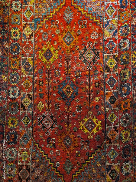 Fototapeta This vibrant carpet from Djerba, Tunisia features intricate Arabic patterns and warm colors, reflecting the region's rich artistic heritage and craftsmanship.