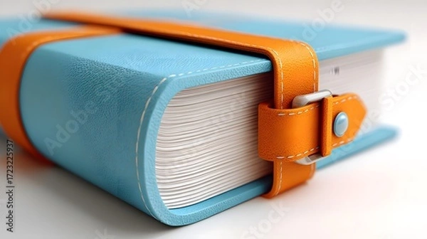 Fototapeta Close up of a blue leather bound book with an orange strap and buckle
