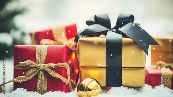 Fototapeta Snowy winter ground with glowing presents shot on full frame camera, 24mm lens, wide angle capturing festive arrangement