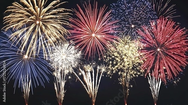Fototapeta Snow covered ground with colorful fireworks display captured on DSLR, 85mm lens, close focus on sparks and glow