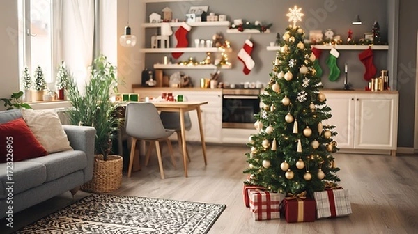 Fototapeta Shining golden Christmas tree photographed on DSLR, 28mm lens, soft luxury atmosphere illuminated naturally
