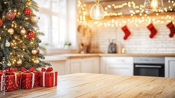 Fototapeta Green holiday tree with red packages in minimal arrangement captured on mirrorless camera, 50mm lens, shallow depth creating elegant composition