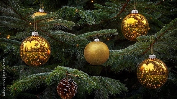 Fototapeta Golden tree with sparkling festive ornaments photographed on medium format camera, 80mm lens, crystal clear ornament details under daylight