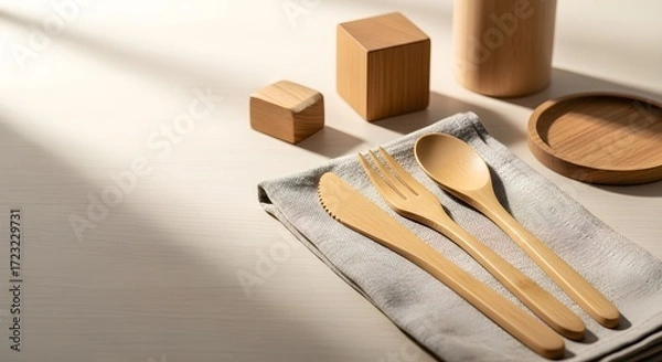 Fototapeta Eco-friendly bamboo cutlery set with knife, fork, and spoon on a linen napkin, surrounded by wooden kitchenware in natural light.