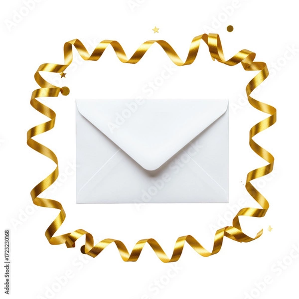 Fototapeta Small golden metallic confetti pieces, gold satin ribbons, and a crisp white envelope artfully arranged on a seamless transparent background, concept for luxury advertising
