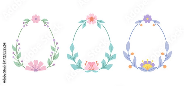 Obraz Hand drawn floral egg shaped frame made of stylized branches leaves blossoms buds in pastel colors. Easter congrats card template copy space. Flat spring wreaths. Decorative botanical vignette design