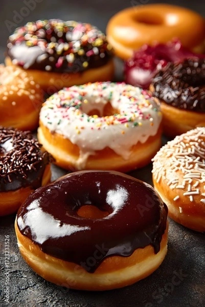 Fototapeta Colorful donuts with chocolate, white, and sprinkled toppings on a dark background.