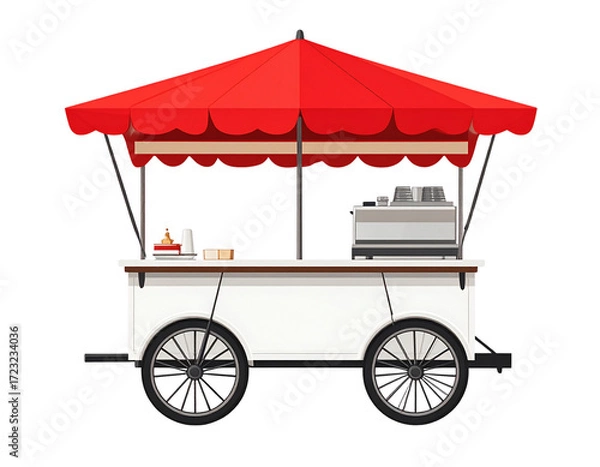 Fototapeta Minimalist White Food Cart with Red Parasol, Front View, isolated 