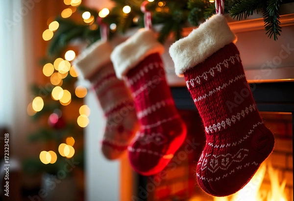 Obraz A cozy Christmas scene: woolen socks hanging on a fireplace mantel, with a soft glow of lights. Bokeh effect, warm and inviting atmosphere.