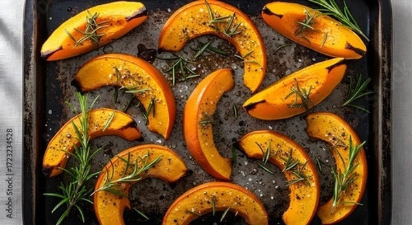 Fototapeta Roasted butternut squash slices with rosemary and seasoning on a baking sheet, a delicious and healthy autumn side dish for a perfect meal.