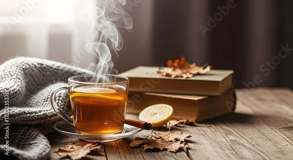 Fototapeta Cozy autumn scene with steaming cup of tea on wooden table, surrounded by books and fallen leaves, evoking warmth and relaxation.