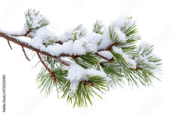 Fototapeta  snowy pine branch with detailed texture, perfect for winter theme isolated on white background