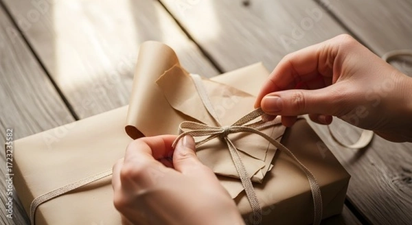 Fototapeta Close-up of hands tying a ribbon around a brown paper wrapped gift box, ready for a special occasion on a rustic wooden table.