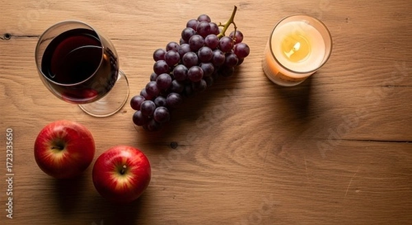 Fototapeta Overhead shot of a romantic arrangement featuring red wine, fresh grapes, juicy apples, and a lit candle, set on a warm wooden surface.