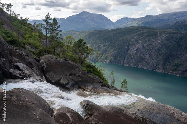 Obraz View of Langfossen waterfall and Åkrafjorden in Norway, Europe. Norway landscape. 