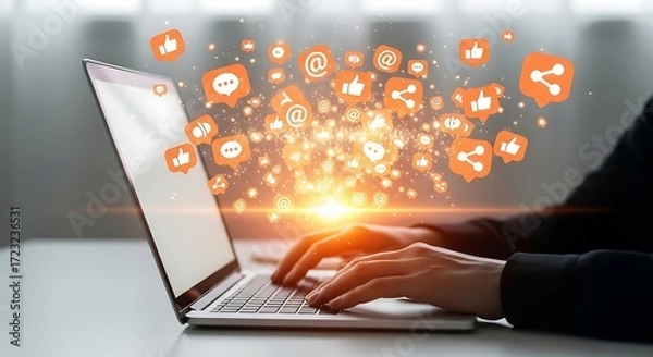 Obraz Engage your audience with vibrant social media engagement icons bursting from a laptop screen, creating dynamic online interaction and connection.