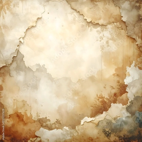 Fototapeta Aged parchment texture with a faded landscape