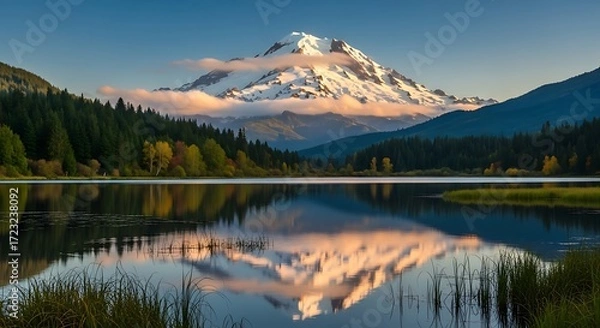 Fototapeta Majestic Mountain Reflection in Serene Lake at Dawn.
