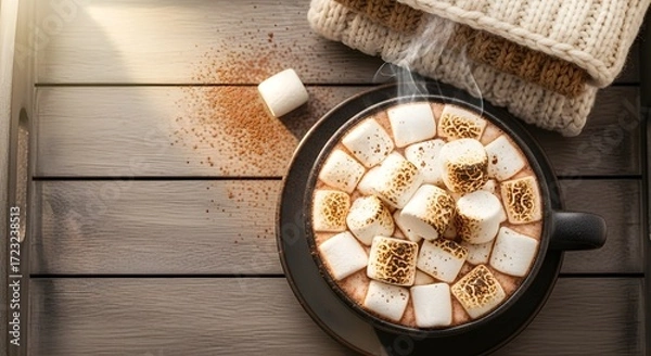 Fototapeta Overhead shot of hot chocolate drink in a mug topped with toasted marshmallows, with a stack of knitted winter clothes and cocoa powder, conveying a cozy winter mood.