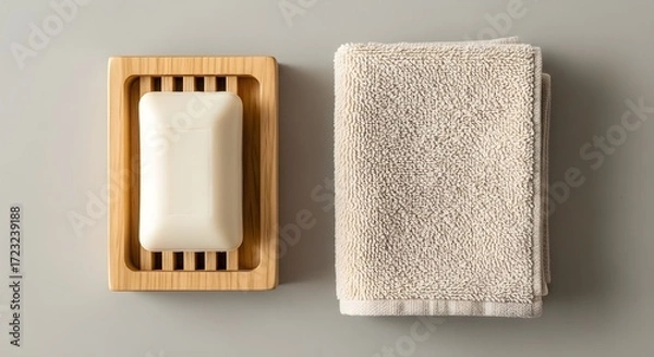 Fototapeta A bar of soap rests in a wooden holder beside a folded, beige towel, captured with a top-down view for a minimalist bathroom theme.