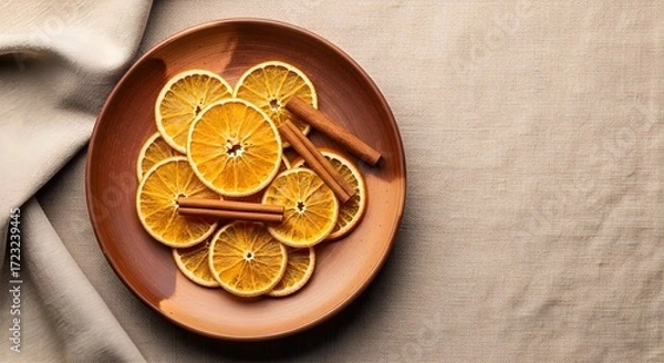 Fototapeta Warm dried orange slices and aromatic cinnamon sticks artfully arranged on a rustic plate, evoking cozy festive ambiance on a linen backdrop.
