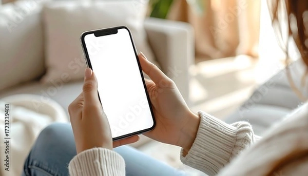 Obraz Woman holding a smartphone with blank screen